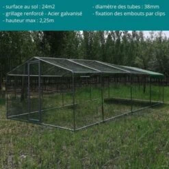 Enclos Poulailler 24m² Tubes 38mm H2,25m - Parc Grillagé Renforcé 8x3m - Acier Galvanisé -Chemin Des Poulaillers Boutique p007 cp007e1 description 1 1