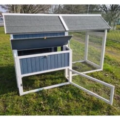 Poulailler Deluxe Bleu Toit Shingle Gris 10 à 12 Poules -Chemin Des Poulaillers Boutique poulailler deluxe 12 poules bleu cote ouvert