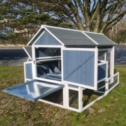 Poulailler Deluxe Bleu Toit Shingle Gris 10 à 12 Poules -Chemin Des Poulaillers Boutique poulailler deluxe 12 poules bleu vue dos ouvert